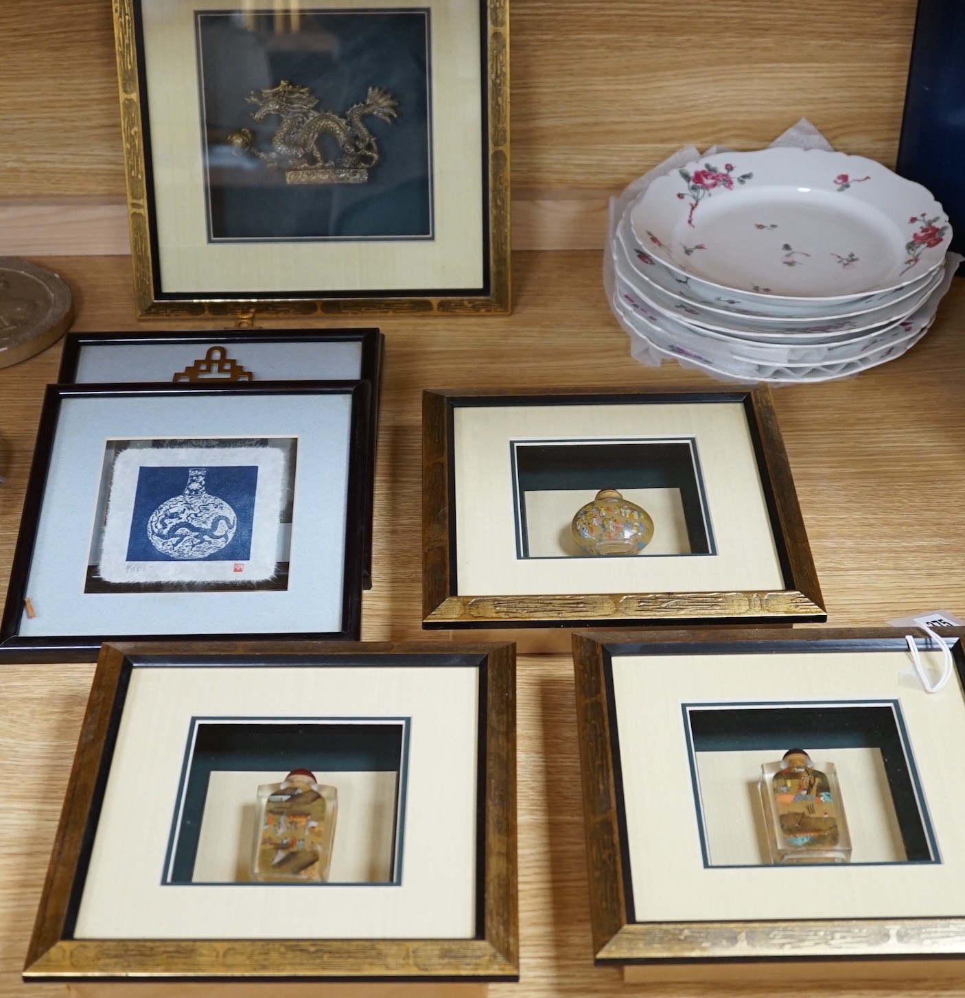 Three framed and mounted Chinese inside-painted snuff bottles and four other items